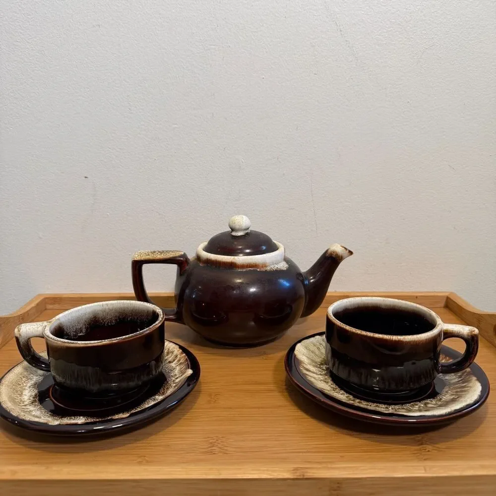 Vintage Pfaltzgraff Gourmet Brown Drip Tea Set Teapot 2 Cups Saucers USA